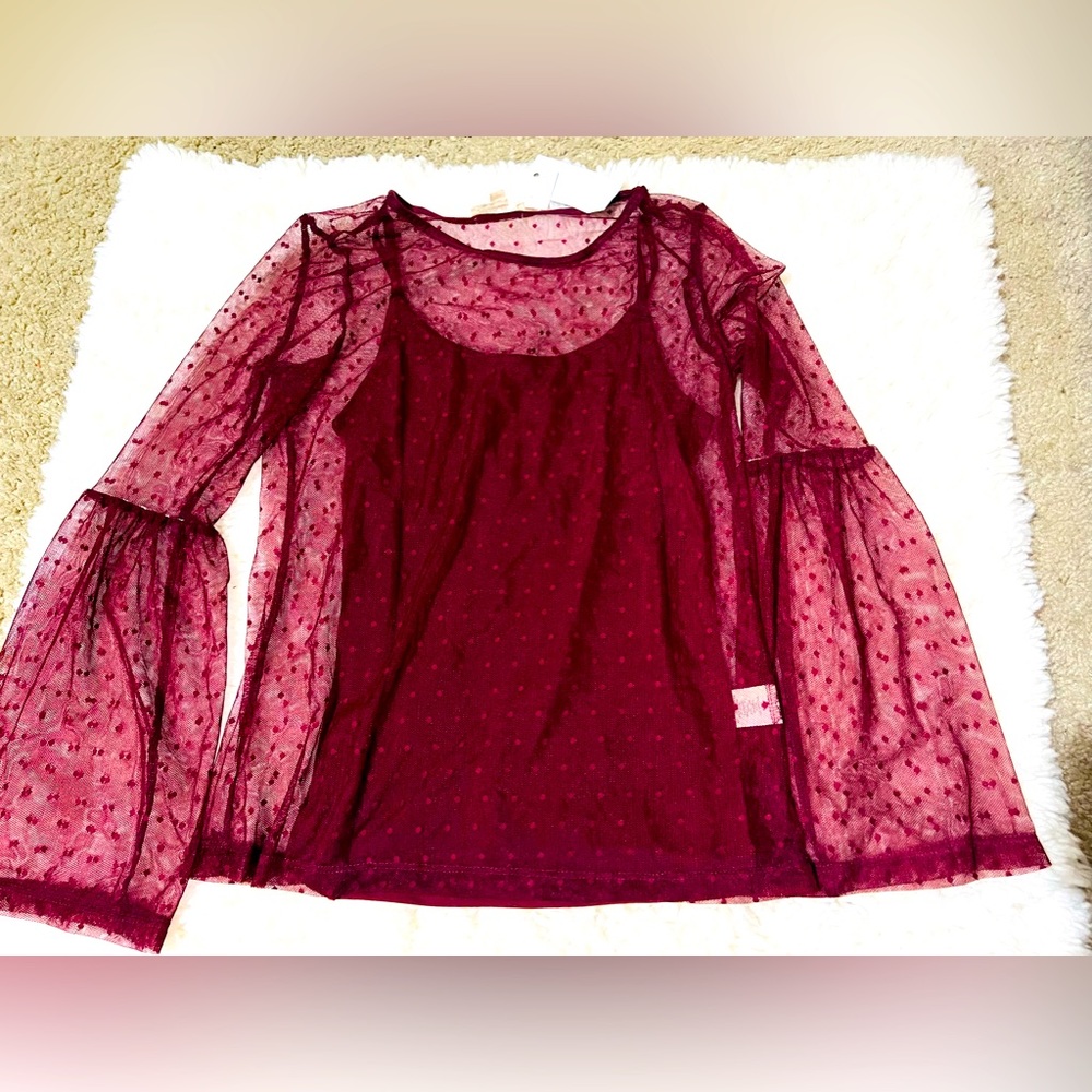 Ultra Flirt Dots Sheer blouse with attached tank red wine color